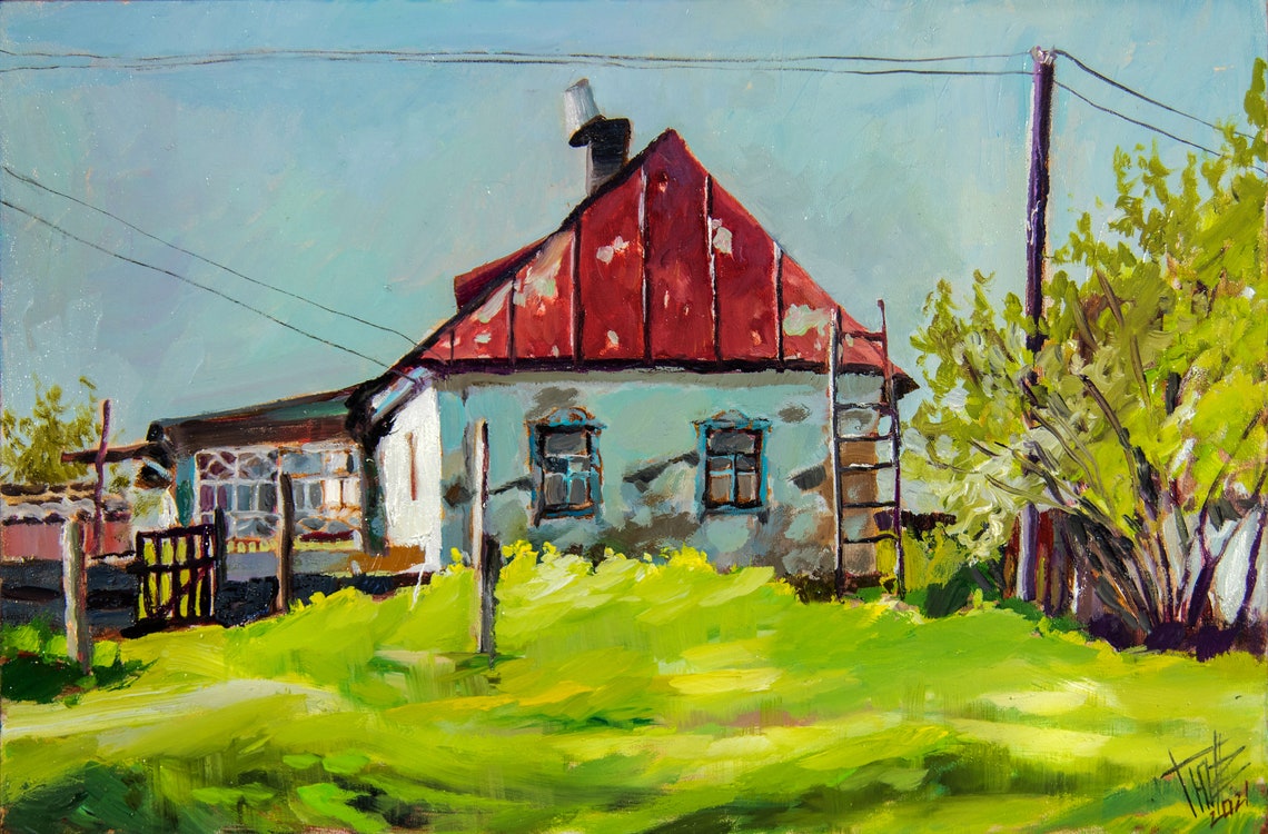 Weißes Bauernhaus mit rotem Dach auf dem grünen HügelPortrait | Etsy