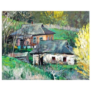 Change of Generations oil on canvas, Architecture landscape, Old village landscape, Ukrainian landscape oil art