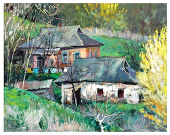 Change of Generations oil on canvas, Architecture landscape, Old village landscape, Ukrainian landscape oil art