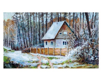 Original forest house in snow oil painting, Winter forest landscape, Pine trees in snow oil painting, Oil on hardboard, Ukrainian art