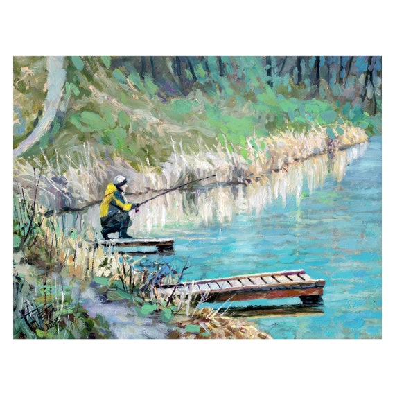 冬の釣りの油絵、岸辺の漁師の油絵、冬の湖岸の油絵、ハードボードの