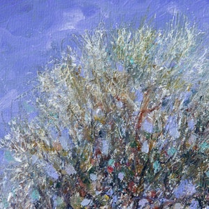 May include: A close-up of a painting depicting a tree with white and brown branches against a light blue sky. The brushstrokes are visible, giving the painting a textured look.