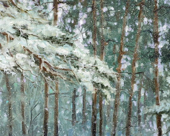冬の森の油絵、ウクライナの芸術、冬の松林の油絵、冬の雰囲気の絵画