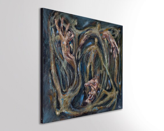 嵐の中を描いた抽象画、キャンバスに描かれた油絵、手と影のアート
