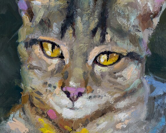 ハードボードに描かれた灰色の猫の油絵、ウクライナの芸術、オリジナル