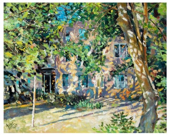 May include: An impressionistic painting of a building partially obscured by lush green foliage. The artwork features a palette of greens, blues, and browns, with sunlight casting shadows across the scene. The painting is signed in the lower left corner.