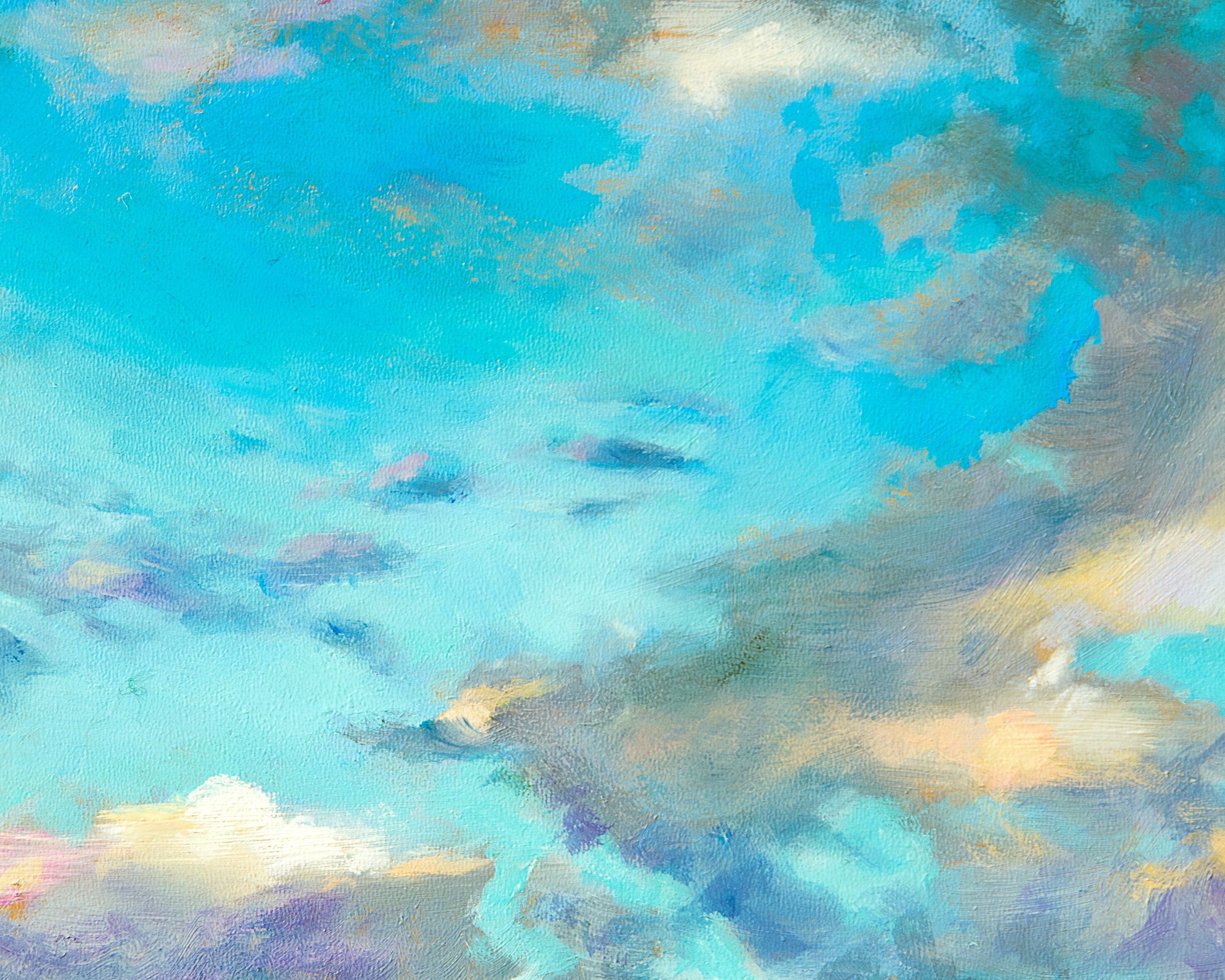 青空、雲の油絵、夕空の絵、空の油絵、明るい絵、空の雲、油絵の
