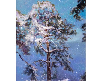 Winter tree Ukrainian art, Original landscape oil painting, Snowy tree painting, Blue Water painting, Oil on hardboard, Original oil
