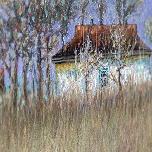 May include: A painting of a small, white house with a brown roof, surrounded by trees and tall grass. The house has a single window and a chimney. The trees are bare and the grass is a muted brown color. The sky is a light blue.