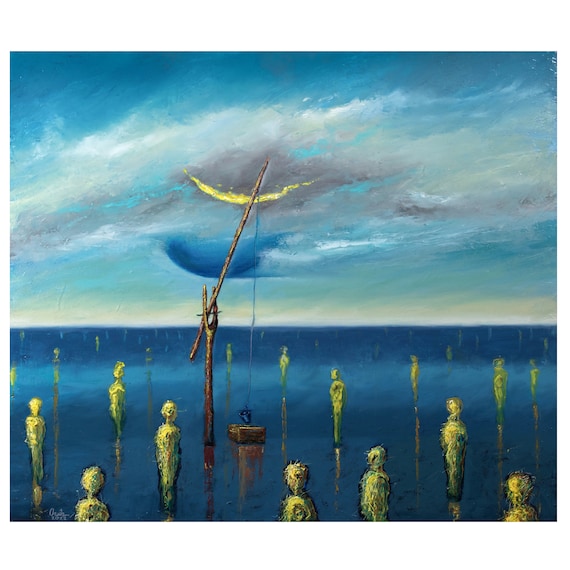 オリジナルのシュルレアリスムアート、海の幽霊の油絵、コンセプチュア