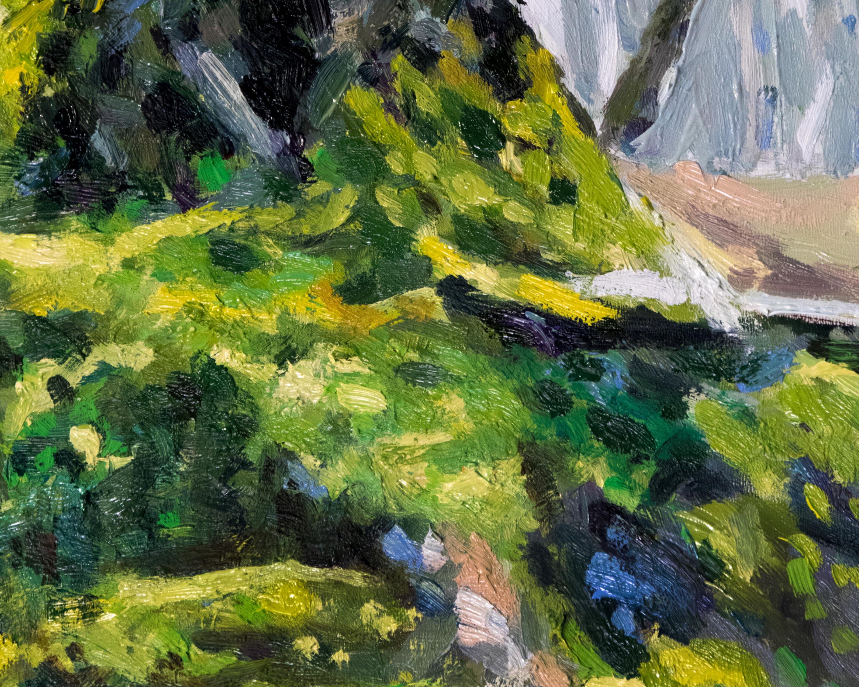 白樺の幹に生える緑の苔（ハードボードに油絵）、森の中の古い木の油絵