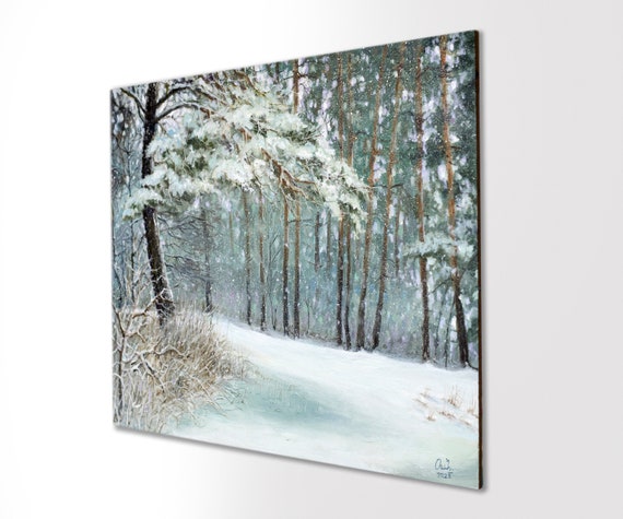 冬の森の油絵、ウクライナの芸術、冬の松林の油絵、冬の雰囲気の絵画