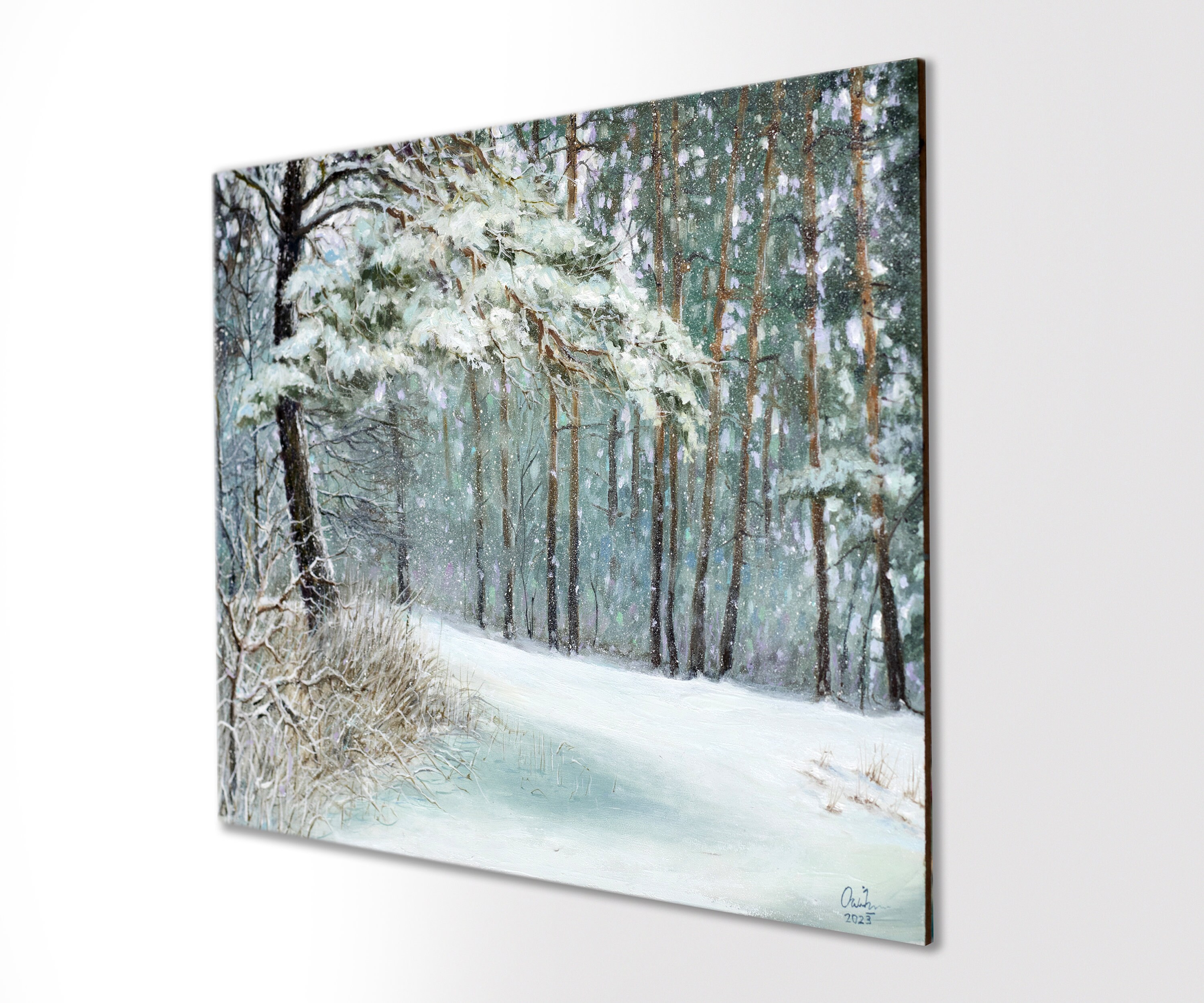 冬の森の油絵、ウクライナの芸術、冬の松林の油絵、冬の雰囲気の絵画