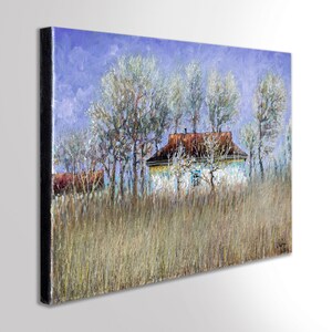 May include: A painting of a white house with a brown roof, surrounded by trees and tall grass. The sky is a light blue color.