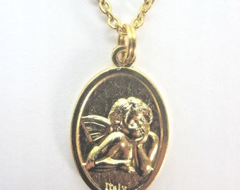 Thoughtful Cherub / Guardian Angel Medal Italy Pendant Necklace Ladies 20&quot; Gold Plated Chain Gift Box & Prayer Card