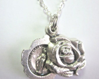 Miraculous Medal Locket Style Rose Slide Pendant Necklace Ladies 20&quot; Chain Gift Box & Prayer Card