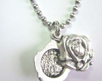 St Michael Archangel /Guardian Angel Locket Style Rose Slide Medal Italy Pendant Necklace 24&quot; Ball Chain Gift Box & Prayer Card