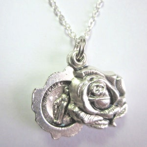 Miraculous Medal Locket Style Rose Slide Pendant Necklace Ladies 20&quot; Chain Gift Box & Prayer Card