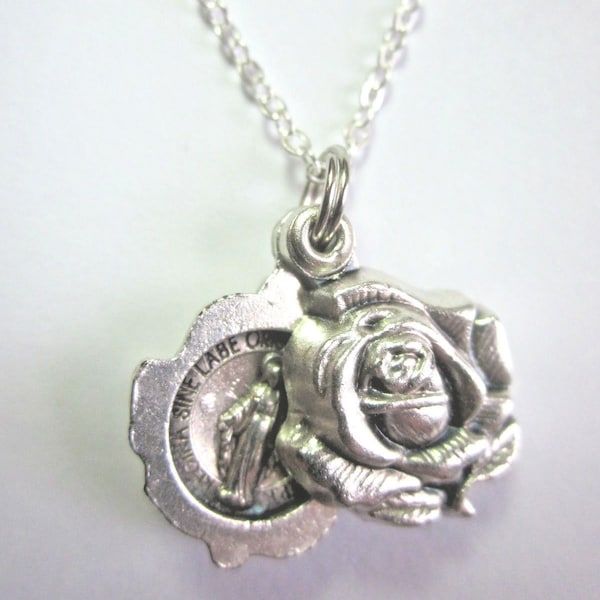 Miraculous Medal Locket Style Rose Slide Pendant Necklace Ladies 20" Chain Gift Box & Prayer Card