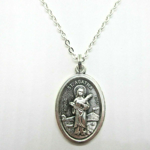 St Agatha Medal Italy Pendant Necklace Ladies 20" Chain Gift Box & Prayer Card