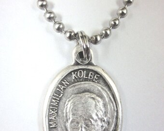 St Maximilian Kolbe Medal Pendant Necklace 24" Ball Chain Gift Box & Prayer Card