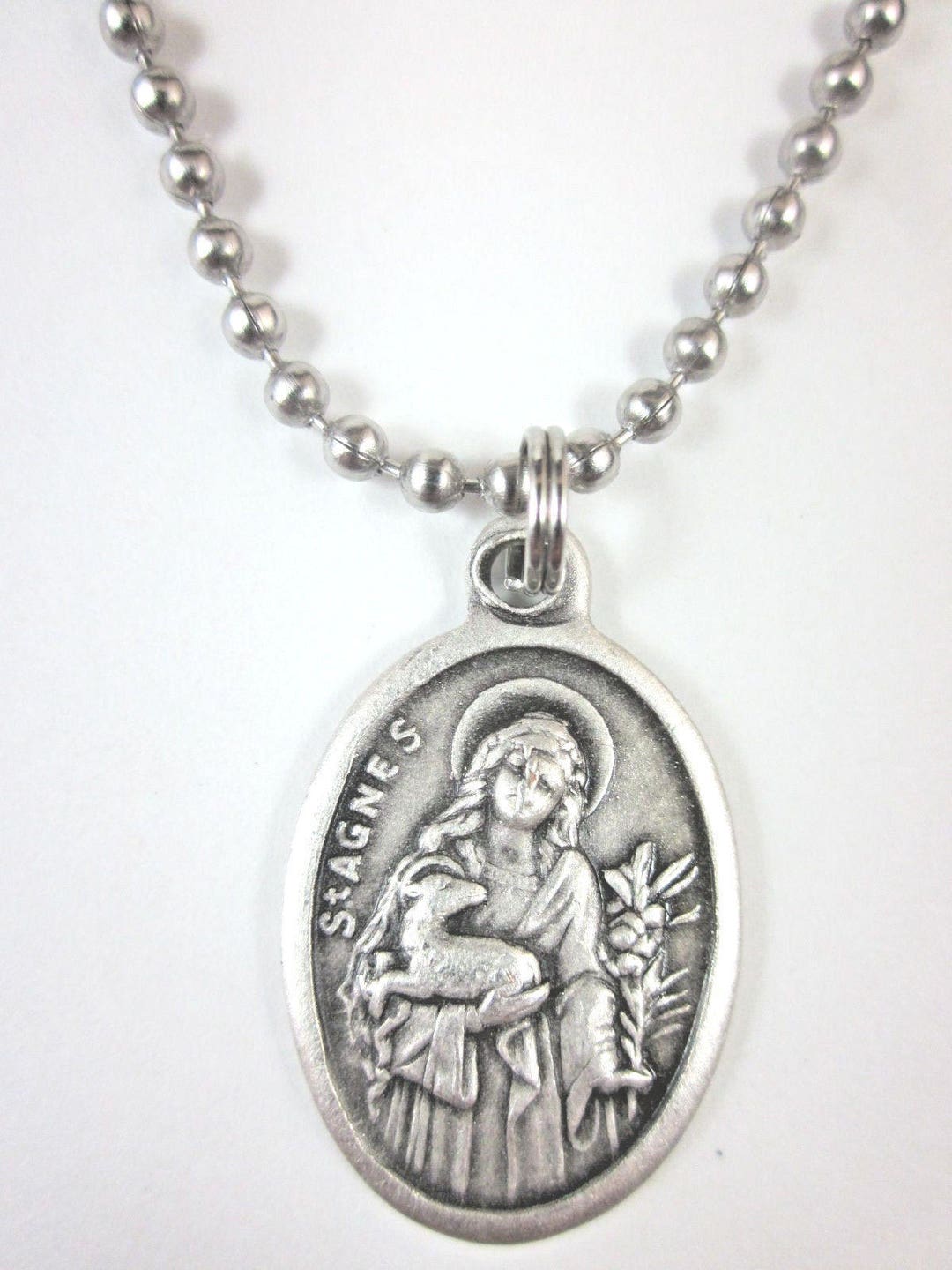 St Agnes of Rome Medal Italy Pendant Necklace 24" Ball Chain Gift Box ...