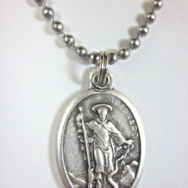 St Bernard of Montjoux Medal Italy Pendant Necklace 24" Ball Chain Gift Box & Prayer Card