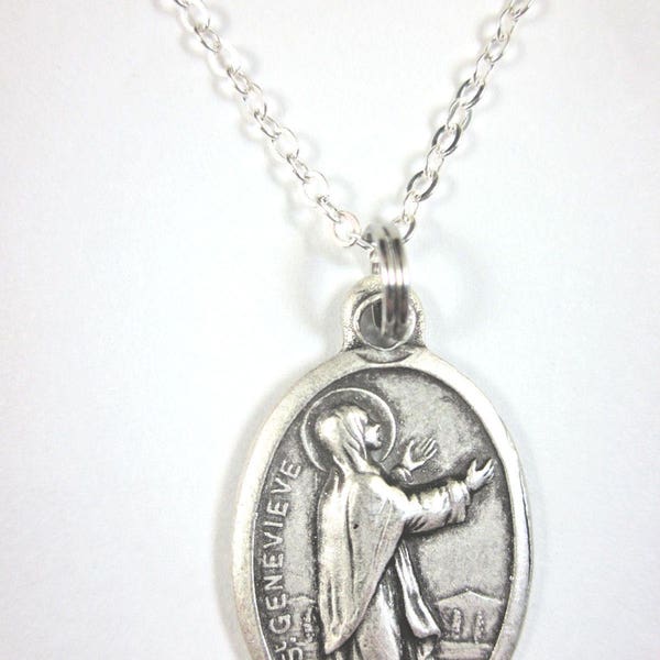 St Genevieve Medal Italy Pendant Necklace Ladies 20" Chain Gift Box & Prayer Card