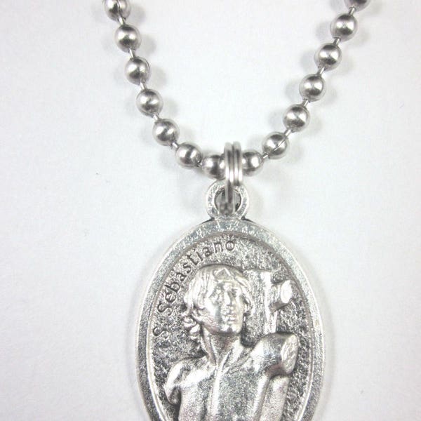 St Sebastian Medal Italy Pendant Necklace 24" Ball Chain Gift Box & Prayer Card