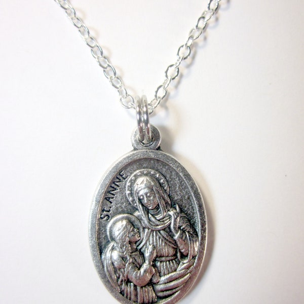 St Anne Medal Italy Pendant Necklace Ladies 20" Chain w/ Gift Box & Prayer Card