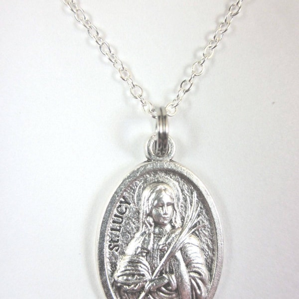 St Lucy Medal Italy Pendant Necklace Ladies 20" Chain Gift Box & Prayer Card