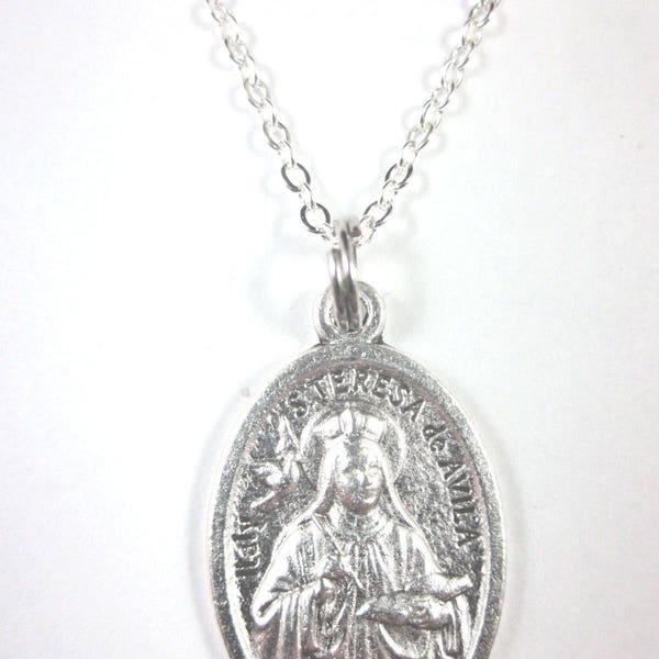 St Teresa of Avila Medal Italy Pendant Necklace 20" Chain Gift Box & Prayer Card