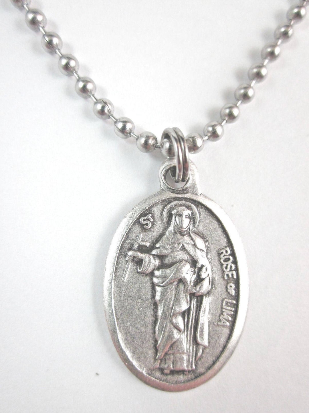 St Rose of Lima Medal Pendant Necklace 24" Ball Chain Gift Box & Prayer ...