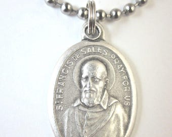 Collier pendentif médaille Saint-François de Sales, boîte-cadeau et carte de prière