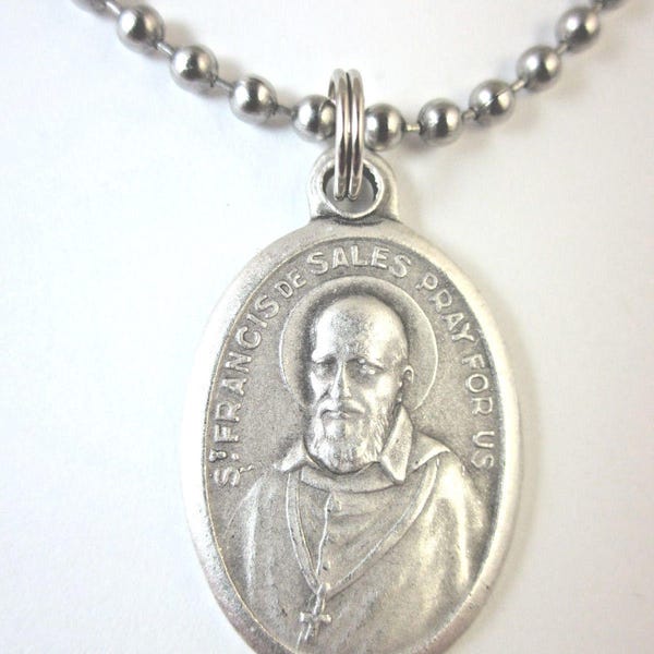 Collier avec pendentif médaille Saint Francis de Sales 24" boule de chaîne de boîte-cadeau et carte de prière