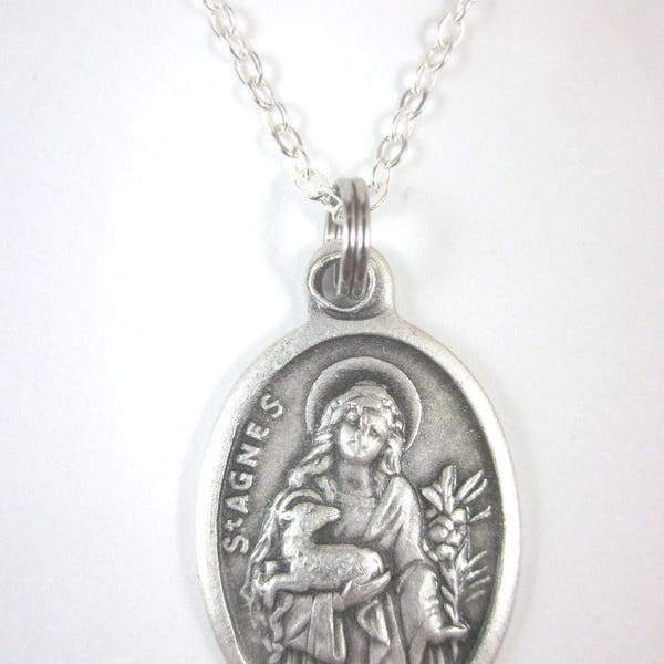 St Agnes of Rome Medal Italy Pendant Necklace Ladies 20" Chain Gift Box & Prayer Card