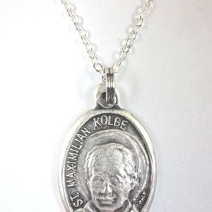 St Maximilian Kolbe Medal Pendant Necklace Ladies 20&quot; Chain Gift Box & Prayer Card