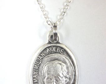 St Maximilian Kolbe Medal Pendant Necklace Ladies 20" Chain Gift Box & Prayer Card