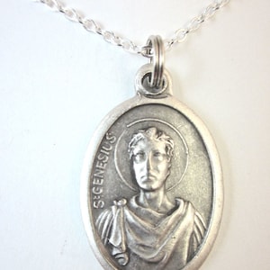 Colar com pingente da medalha de São Genésio de Roma, Itália, feminino, corrente de 20", caixa de presente e cartão de oração