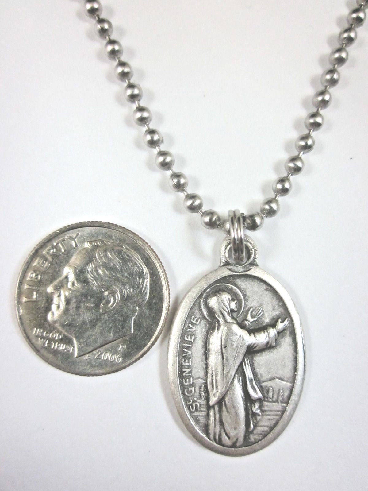 St Genevieve Medal Italy Pendant Necklace 24" Ball Chain Gift Box ...