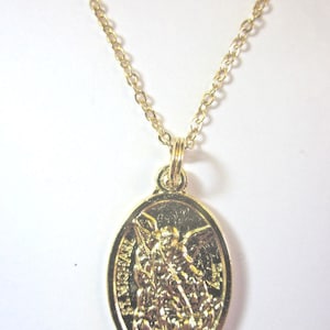 St Michael Archangel /Guardian Angel Medal Pendant Necklace Ladies 20&quot; Gold Plated Chain Gift Box & Prayer Card