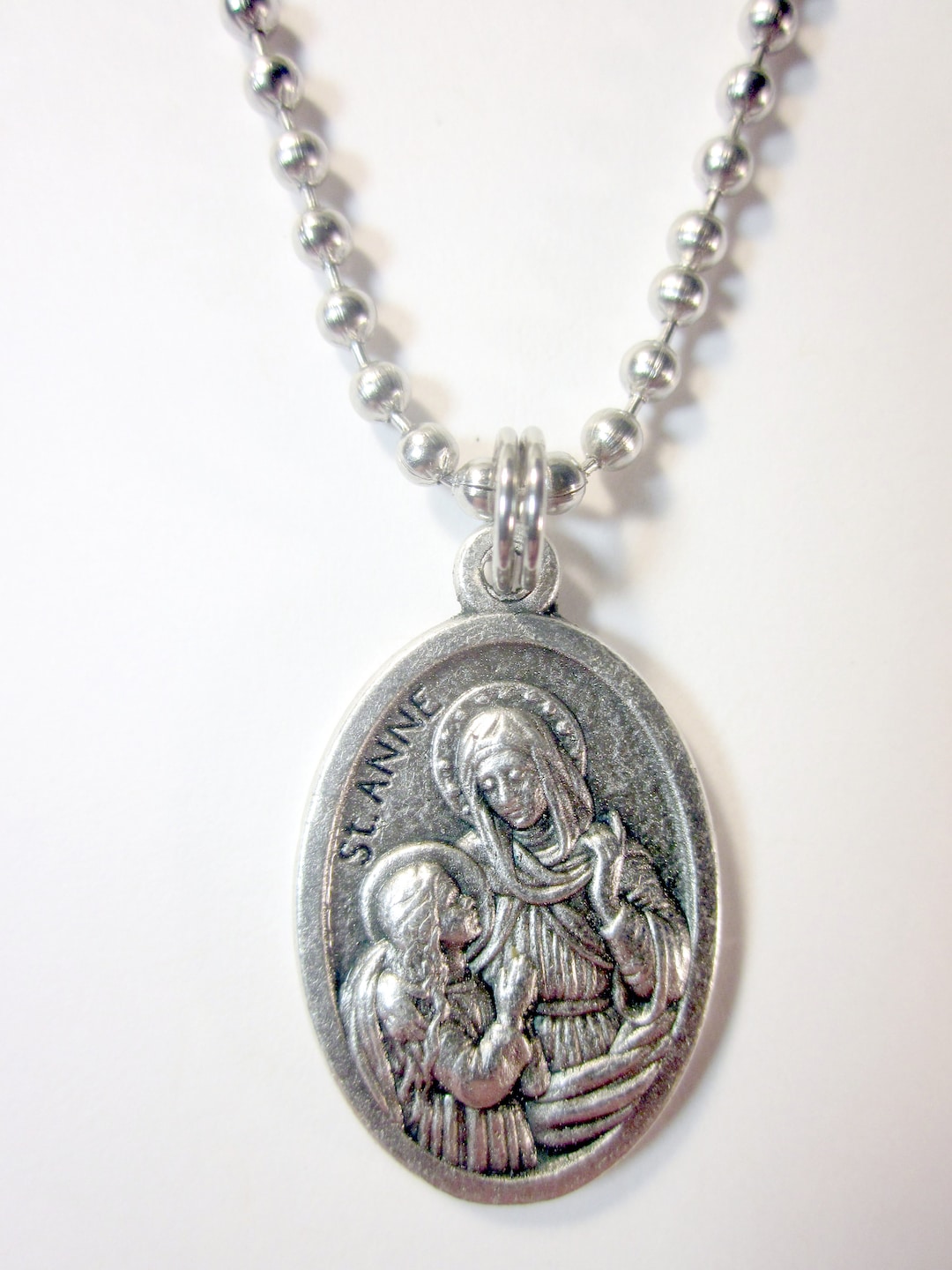 St Anne Medal Italy Pendant Necklace 24" Ball Chain W Gift Box & Prayer ...