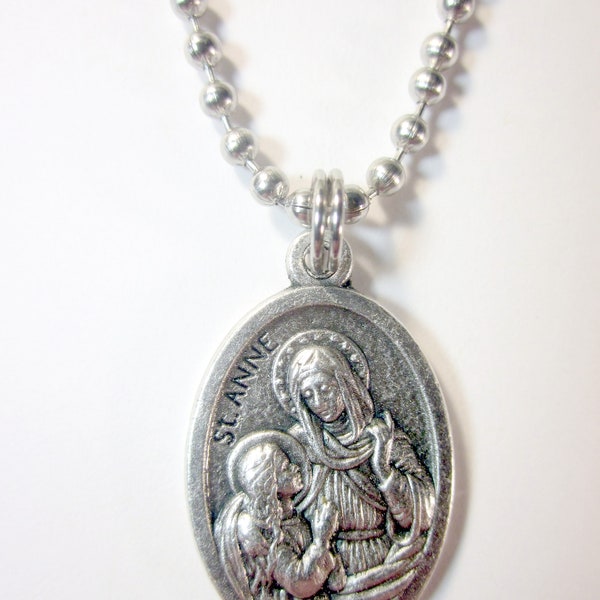 St Anne Medal Italy Pendant Necklace 24" Ball Chain w Gift Box & Prayer Card