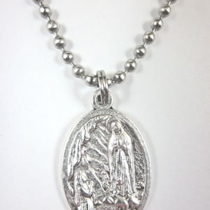 Our Lady of Lourdes Medal Pendant Necklace 24&quot; Ball Chain Gift Box & Prayer Card