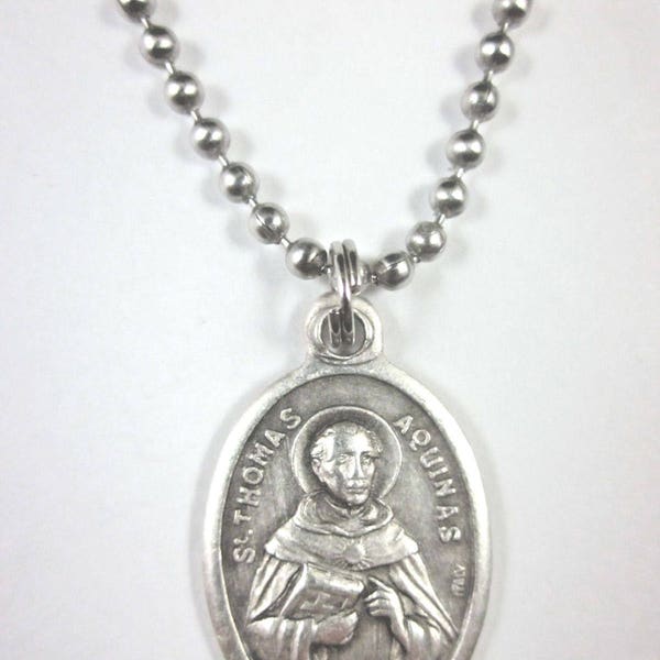 St Thomas Aquinas Medal Pendant Necklace 24" Ball Chain Gift Box & Prayer Card