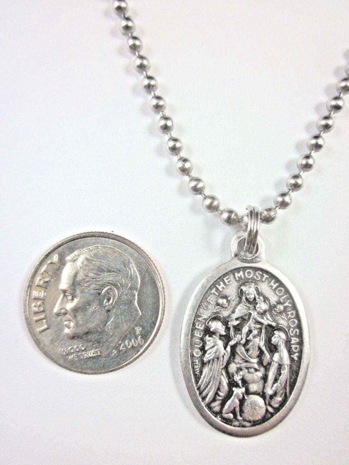 Our Lady of the Rosary Medal Pendant Necklace 24" Ball Chain Gift Box ...