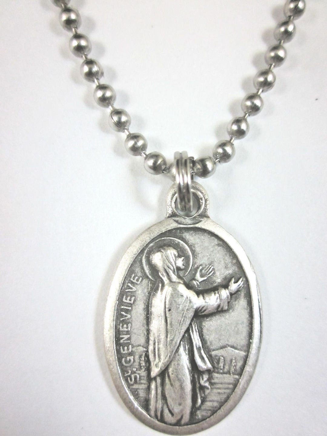 St Genevieve Medal Italy Pendant Necklace 24" Ball Chain Gift Box ...