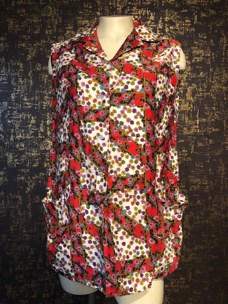 25/% OFF Vintage Mod Blouse 60/'s Blouse Vintage Floral Top Vintage 60/'s Smock Large Vintage Blouse Colorful Top Free Shipping