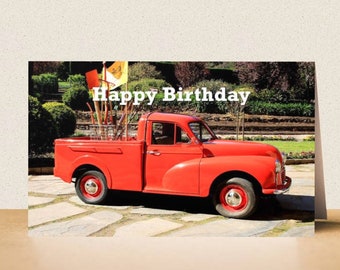 Birthday card: old red utility. Printable digital photo card download. Utility. Car. Vehicle. Red. For men. For boys