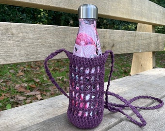 Water bottle holder, crochet bag, purple jute twine flask carrier, Christmas gift idea, crossbody